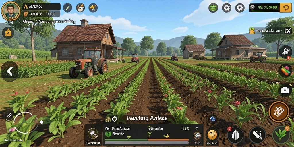 Screenshot gameplay ALADIN66 menampilkan pertanian yang subur dan aktivitas sehari-hari.
