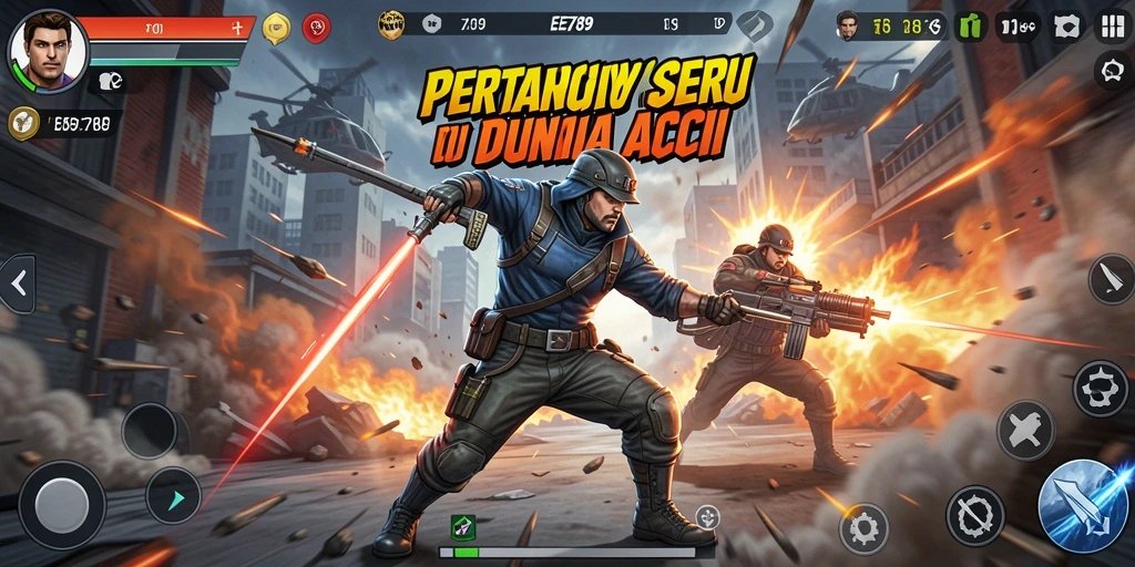 Screenshot utama EE789 dengan tampilan aksi yang menegangkan.