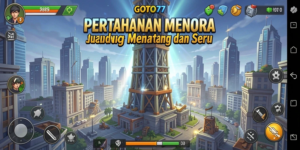 Tampilan gameplay GOTO77 dengan menara pertahanan melawan musuh.