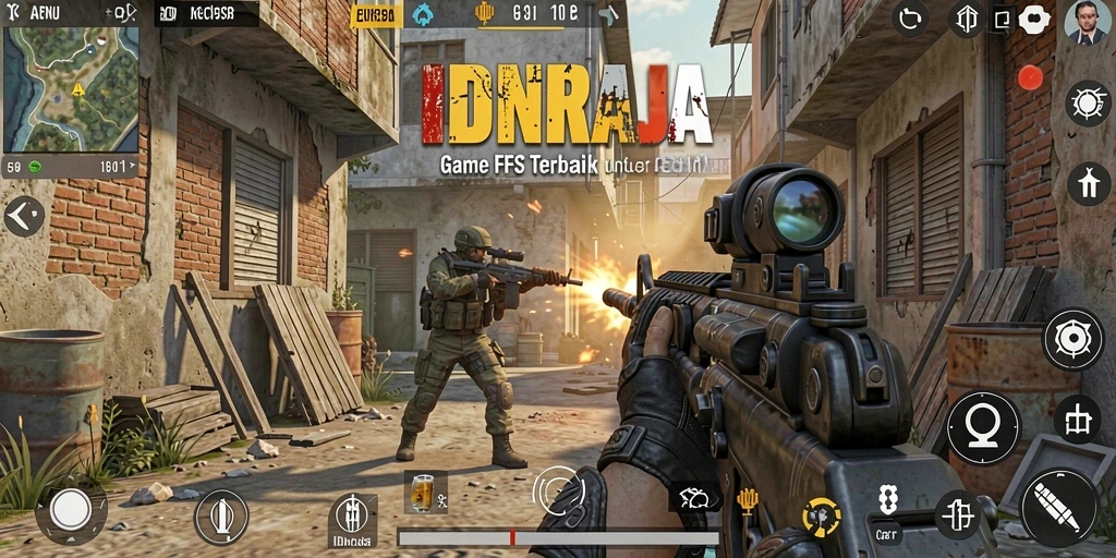 Tampilan gameplay <strong>IDNRAJA</strong> yang mengasyikkan dengan aksi tembak-menembak yang intens.