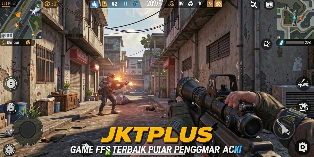 Tampilan gameplay <strong>JKTPLUS</strong> menunjukkan pertarungan FPS yang intens dan mendebarkan.