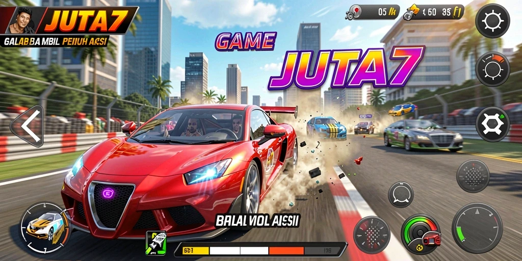 Tampilan utama gameplay JUTA7 yang mendebarkan saat balapan.