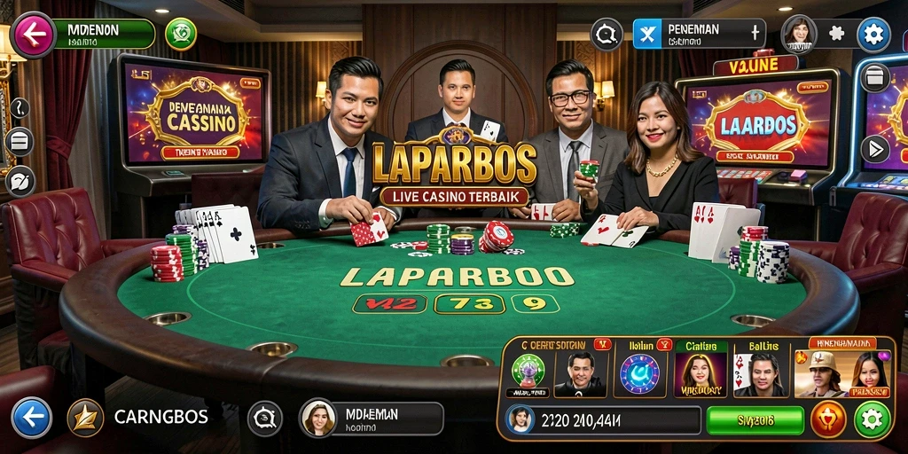 Screenshot gameplay LAPARBOS menampilkan dealer langsung dan pemain yang terlibat dalam permainan.