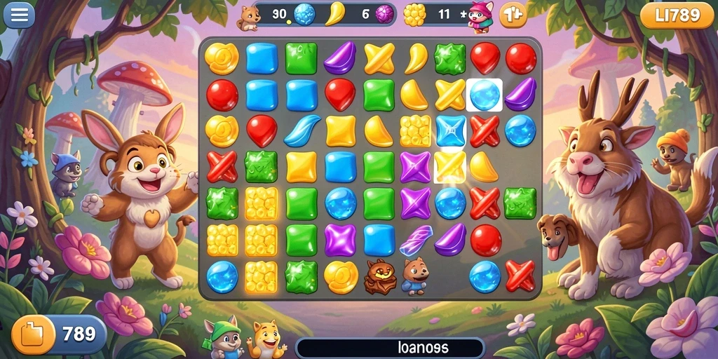 Screenshot gameplay LI789 menampilkan aksi seru permainan Match-3.