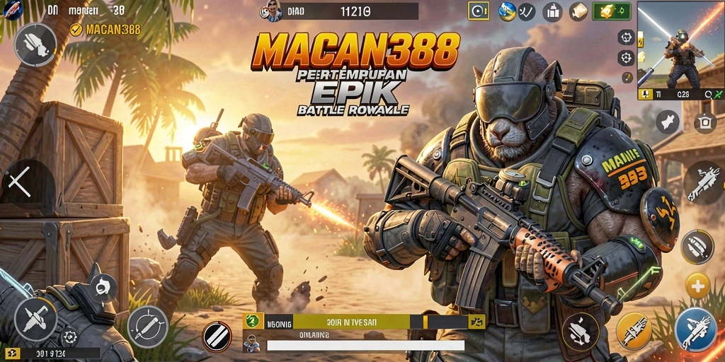 Screenshot utama MACAN388 yang menampilkan aksi Battle Royale yang intens.