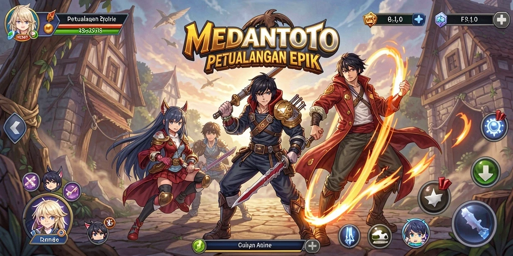 Tangkapan layar dari gameplay MEDANTOTO yang penuh aksi dan karakter anime.