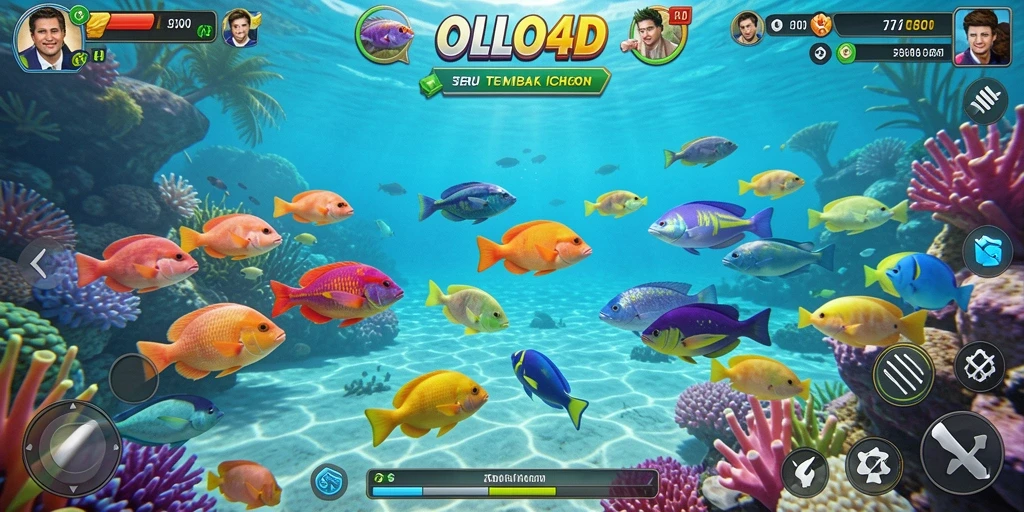 Screenshot gameplay OLLO4D dengan ikan yang berwarna-warni dan aksi seru.