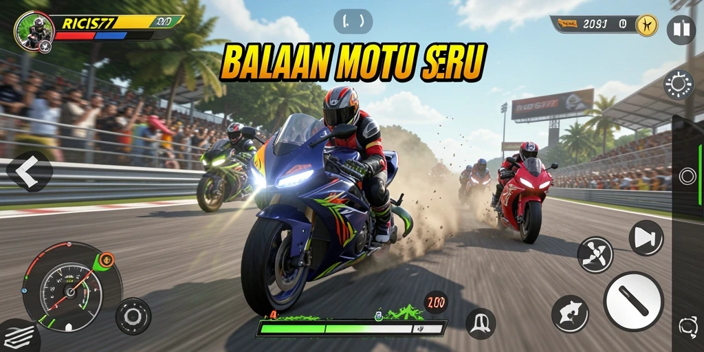 Screenshot gameplay RICIS77 dengan balapan motor yang mendebarkan.