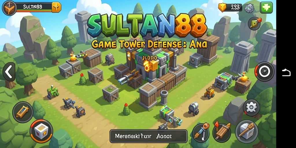Tangkapan layar dari SULTAN88 yang menunjukkan menara bertahan melawan musuh.